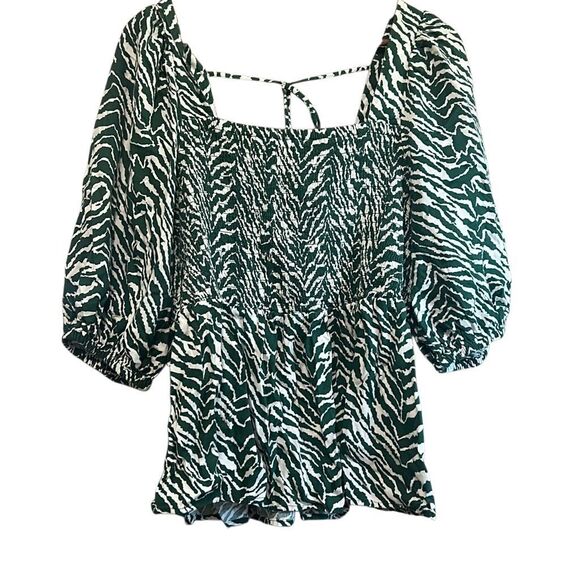Green Zebra Print Smocked Square Neck Puff Sleeve Top - Picture 1 of 7